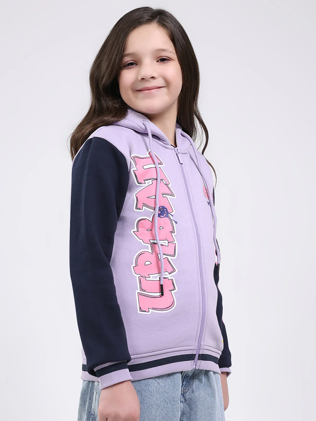 Girls Purple Printed Hooded Full Sleeve Sweatshirt - Image 4
