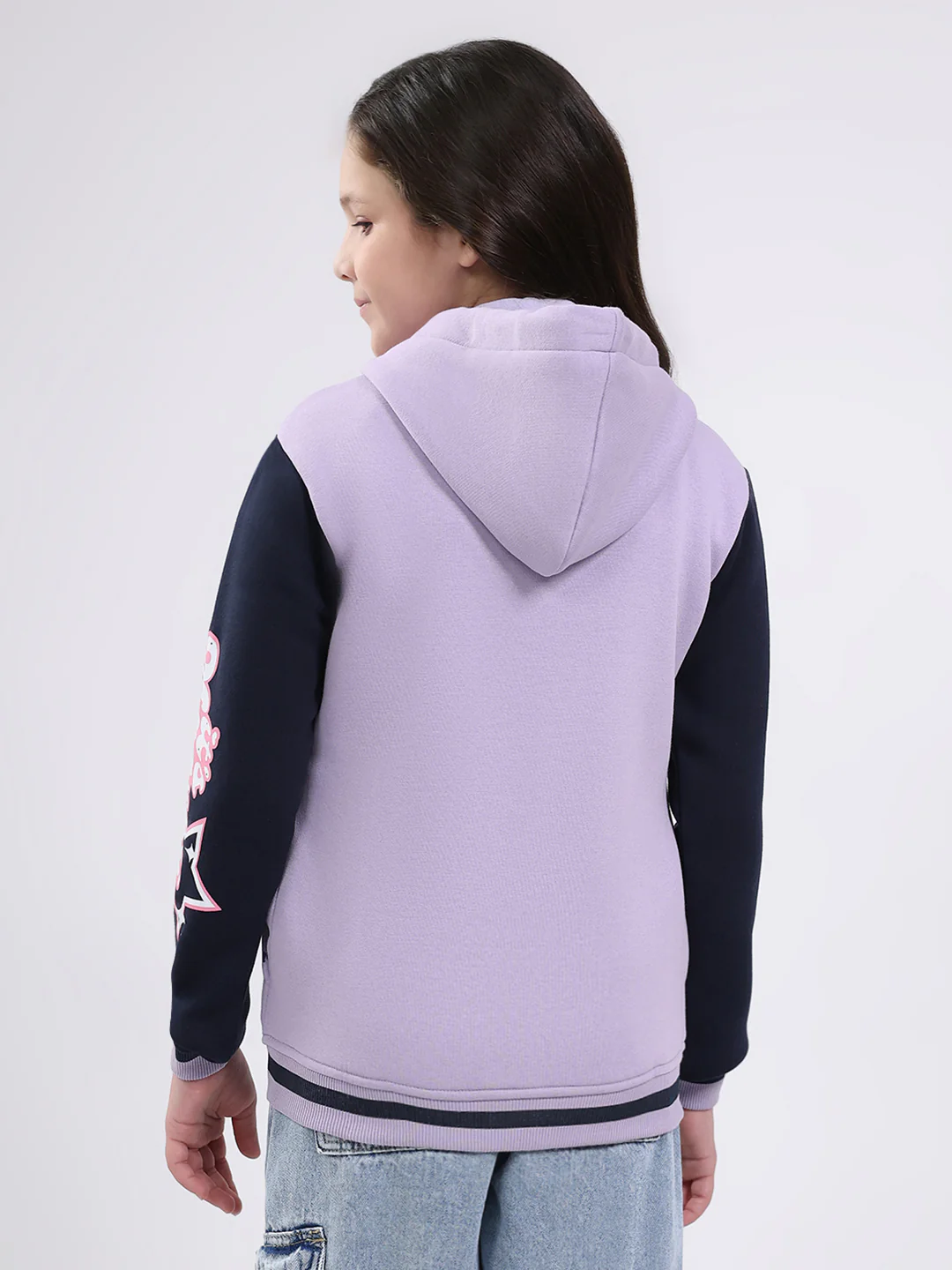 Girls Purple Printed Hooded Full Sleeve Sweatshirt - Image 5