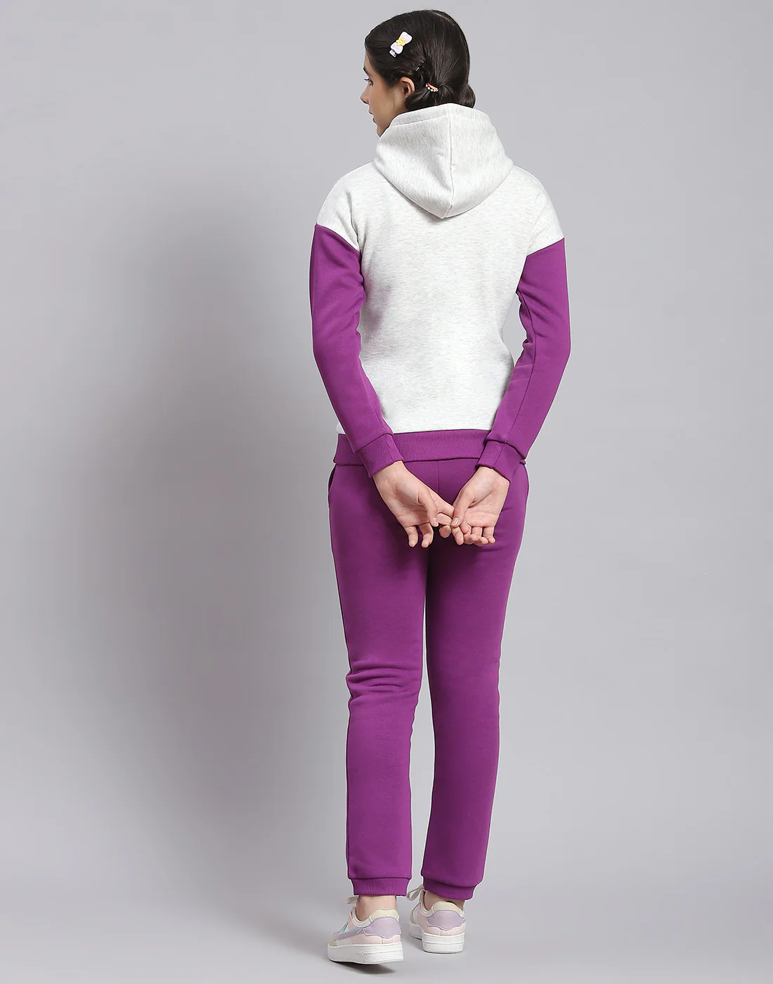 Girls Purple Printed Hooded Full Sleeve Tracksuit - Image 5