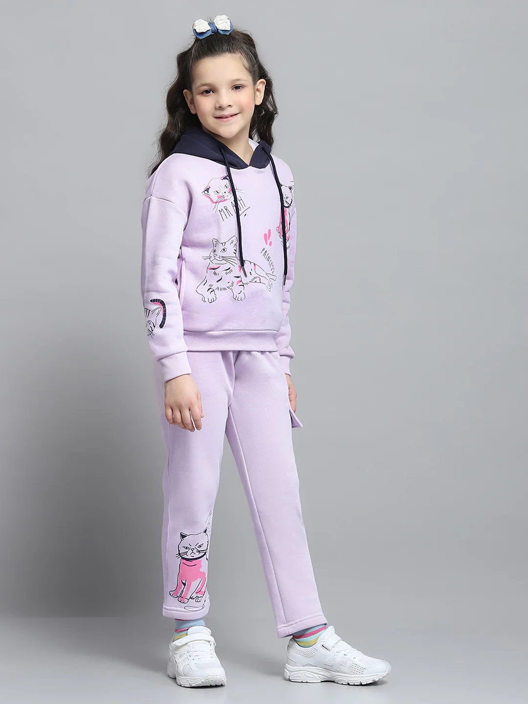 Girls Purple Printed Hooded Full Sleeve Tracksuit - Image 4
