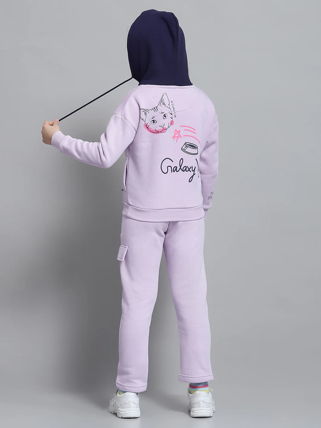 Girls Purple Printed Hooded Full Sleeve Tracksuit - Image 5