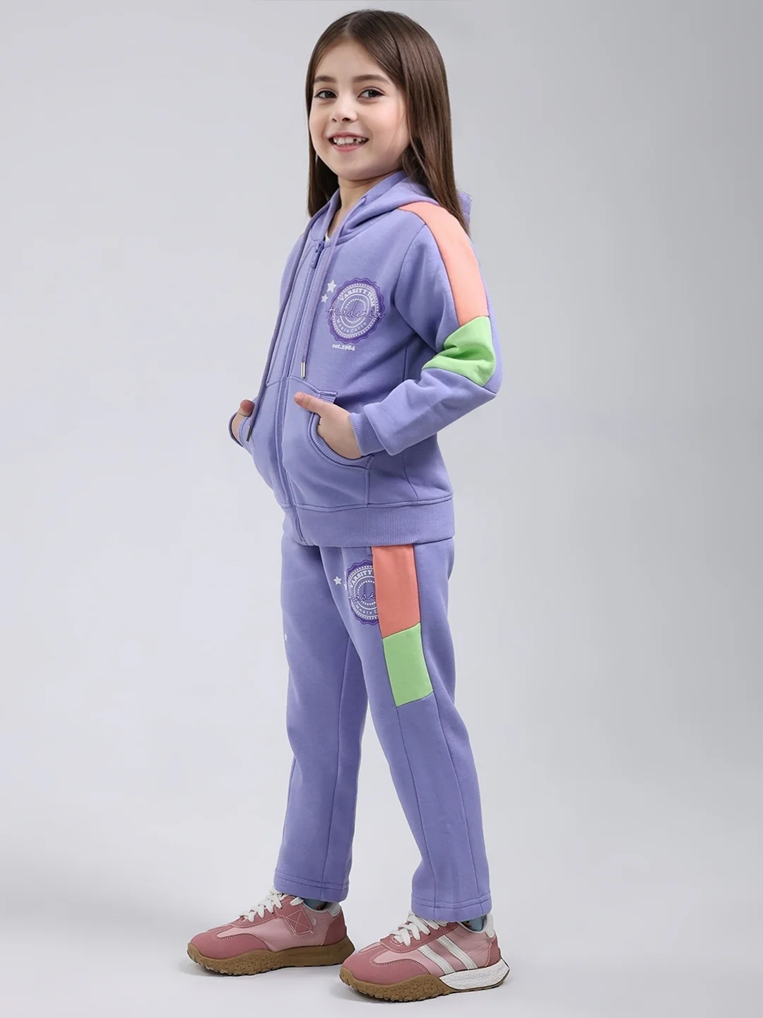 Girls Purple Printed Hooded Full Sleeve Tracksuit - Image 3