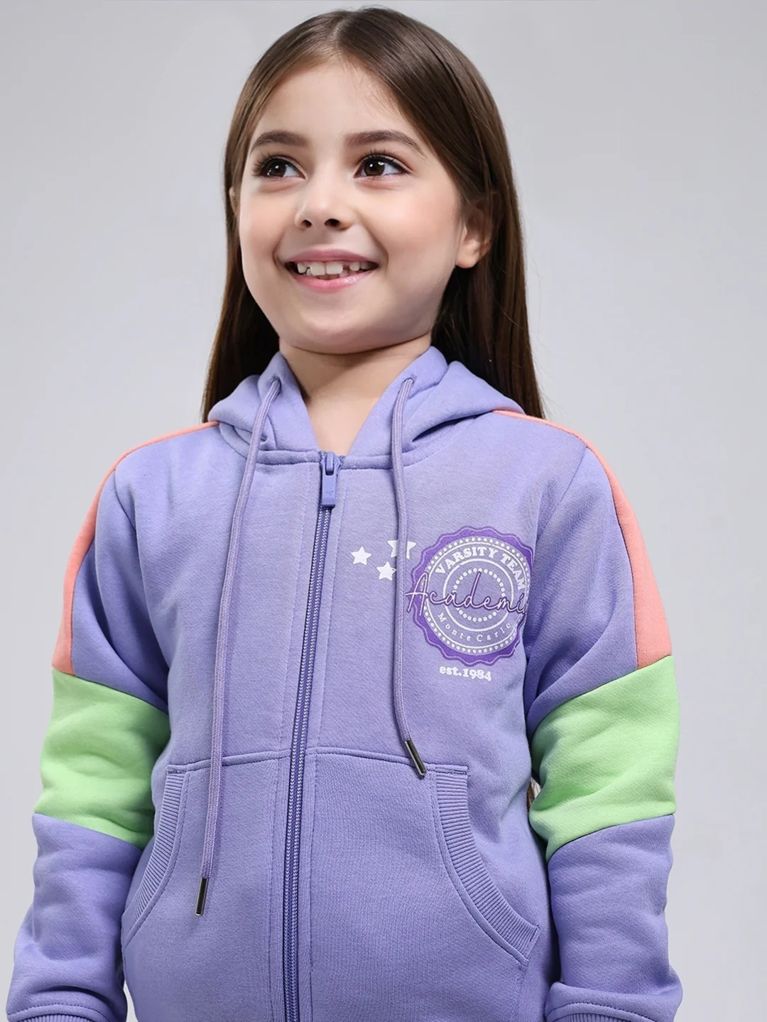 Girls Purple Printed Hooded Full Sleeve Tracksuit - Image 6