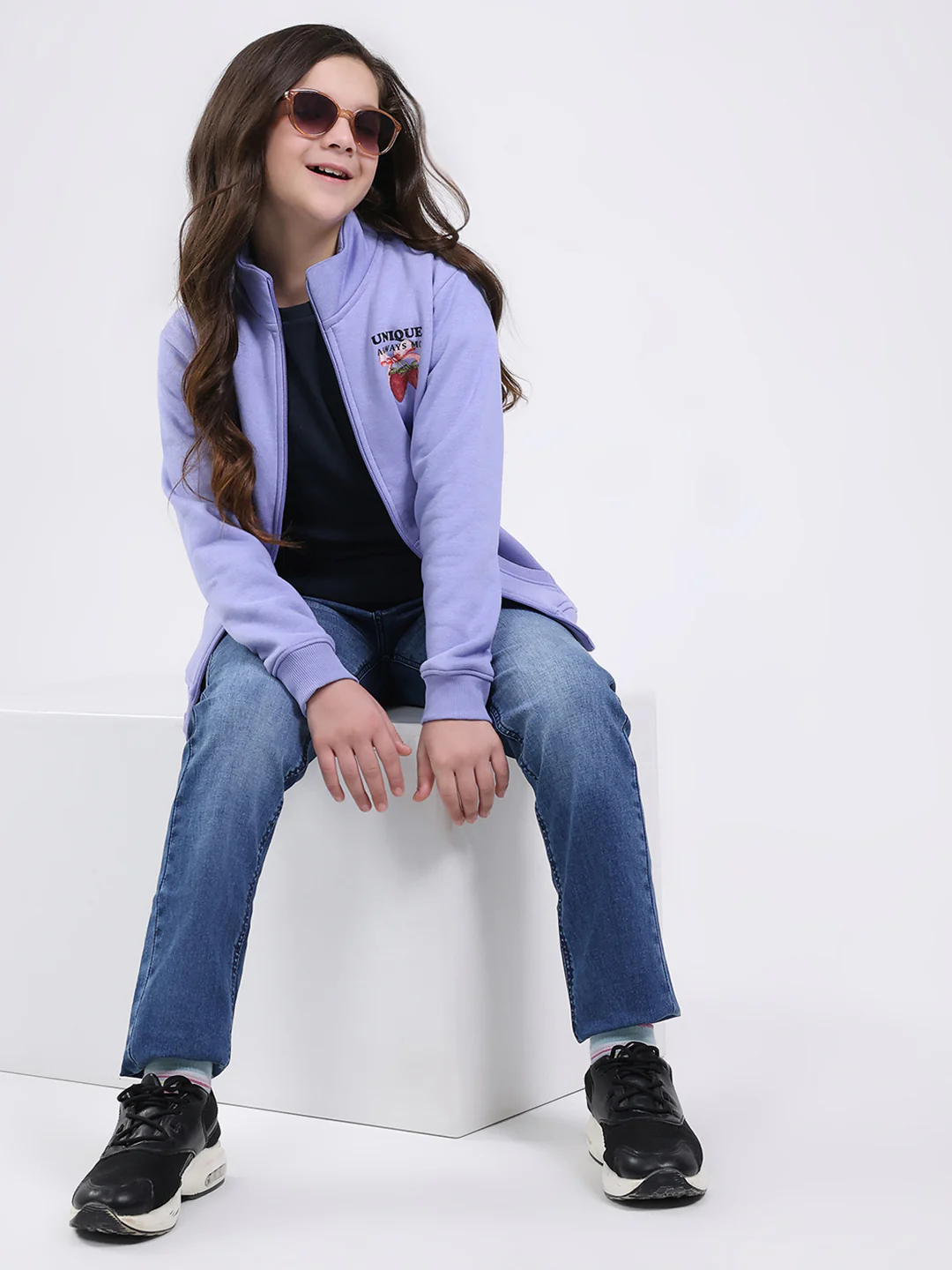 Girls Purple Printed Mock Neck Full Sleeve Sweatshirt - Image 2