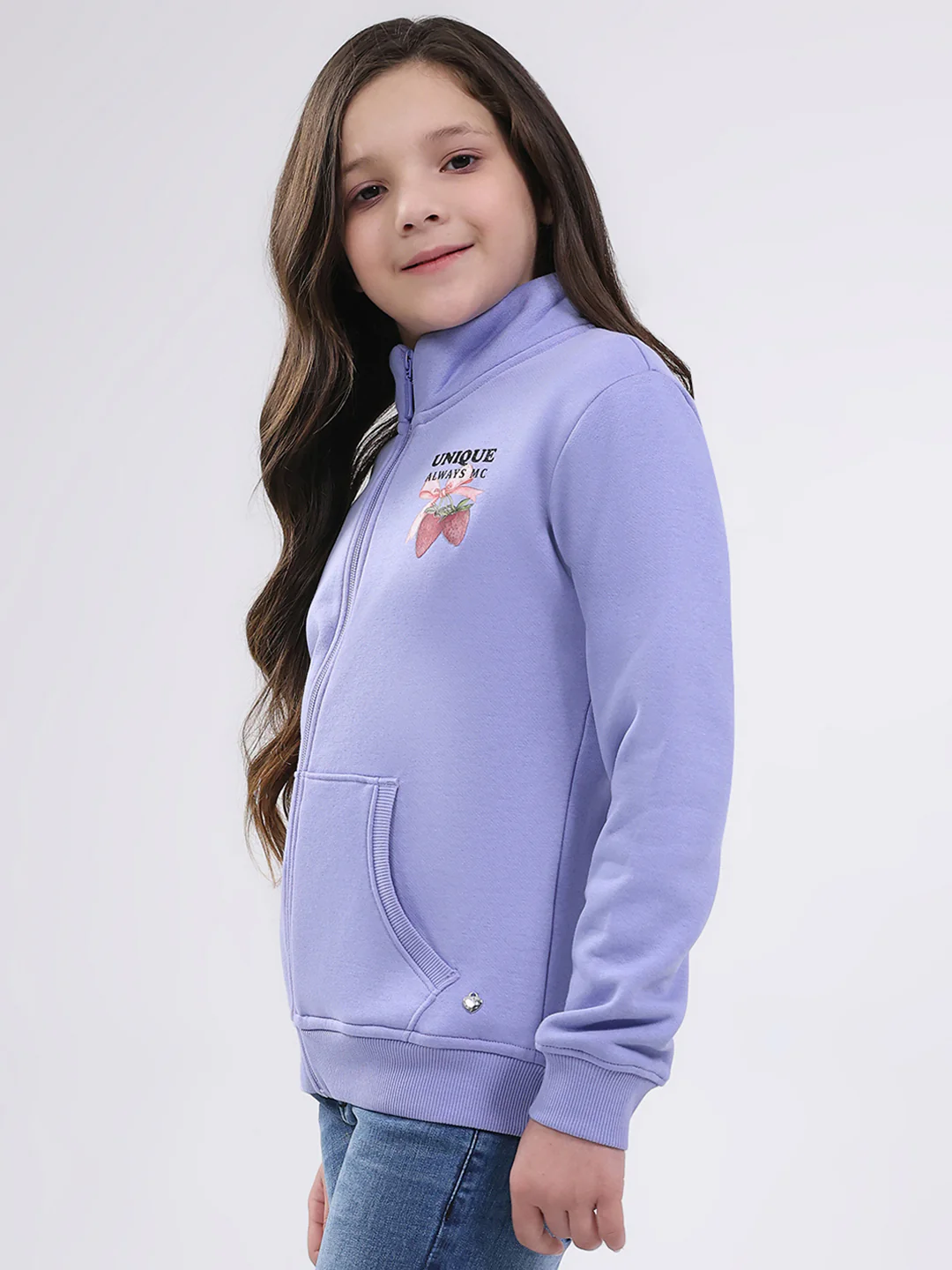 Girls Purple Printed Mock Neck Full Sleeve Sweatshirt - Image 3