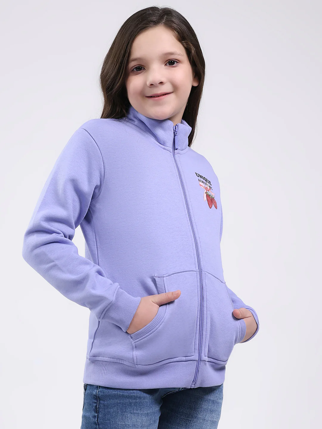 Girls Purple Printed Mock Neck Full Sleeve Sweatshirt - Image 4