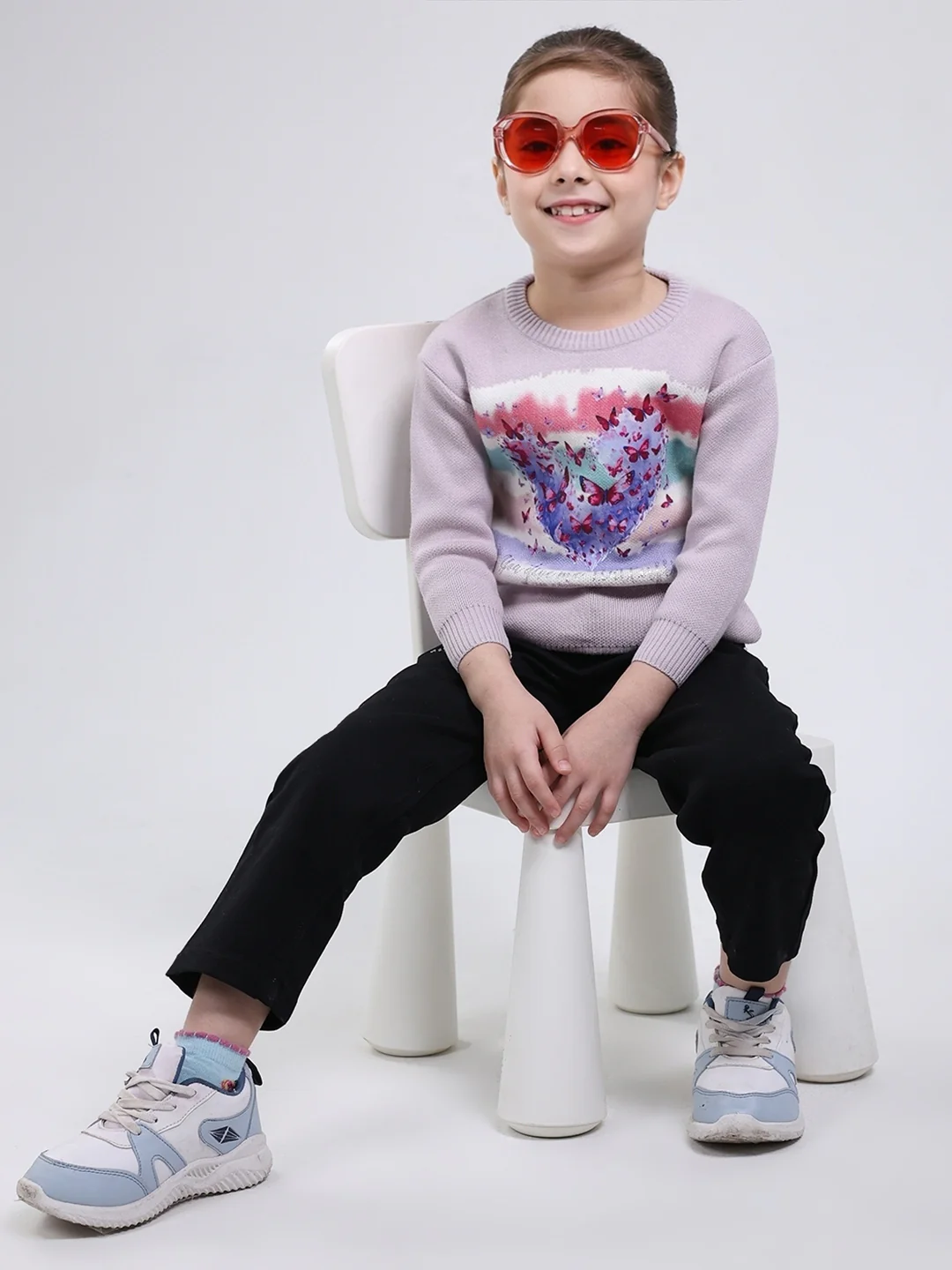 Girls Purple Printed Round Neck Full Sleeve Pullover - Image 2