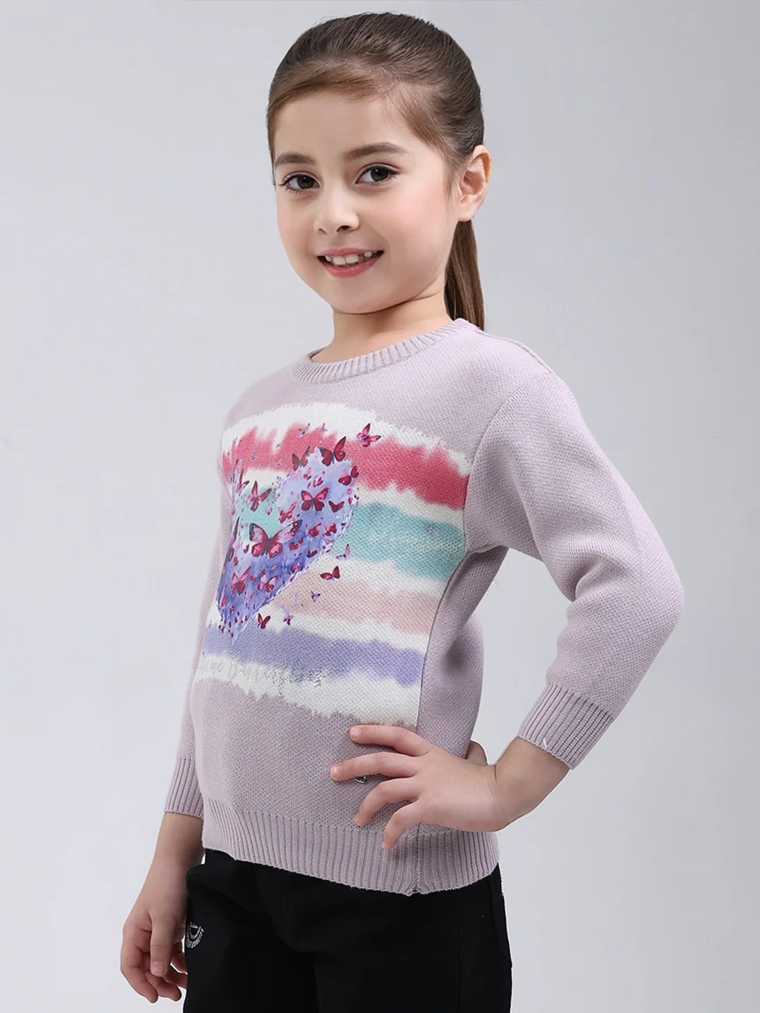 Girls Purple Printed Round Neck Full Sleeve Pullover - Image 3