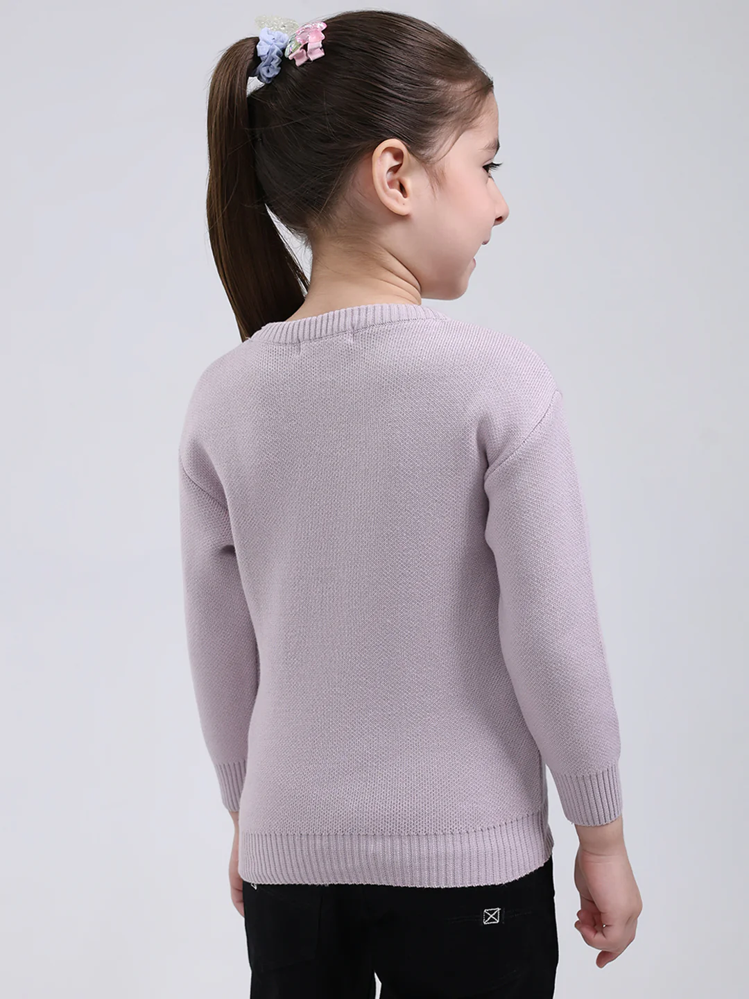 Girls Purple Printed Round Neck Full Sleeve Pullover - Image 5