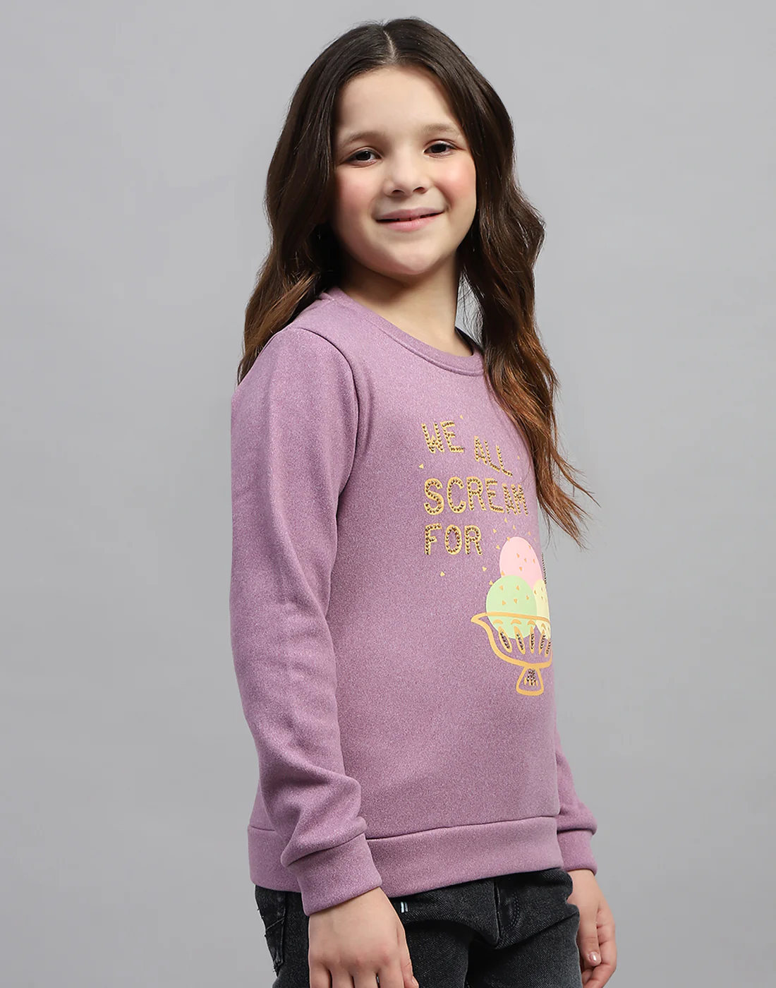 Girls Purple Printed Round Neck Full Sleeve Sweatshirt - Image 4