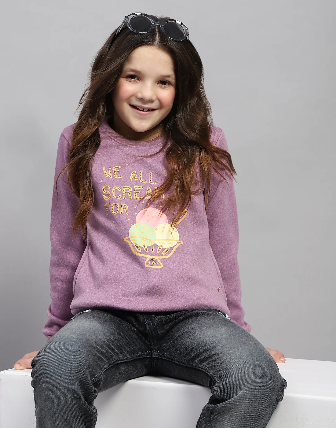 Girls Purple Printed Round Neck Full Sleeve Sweatshirt - Image 6