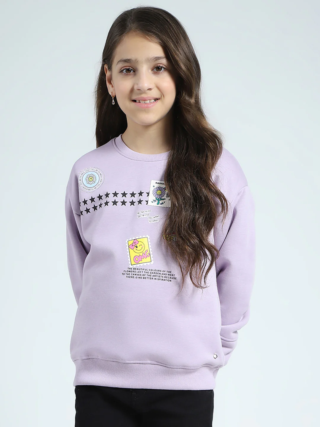 Girls Purple Printed Round Neck Full Sleeve Sweatshirt