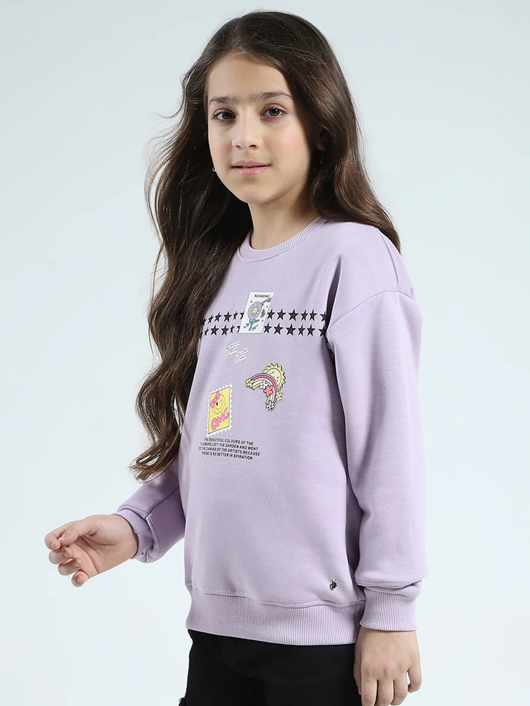 Girls Purple Printed Round Neck Full Sleeve Sweatshirt - Image 3