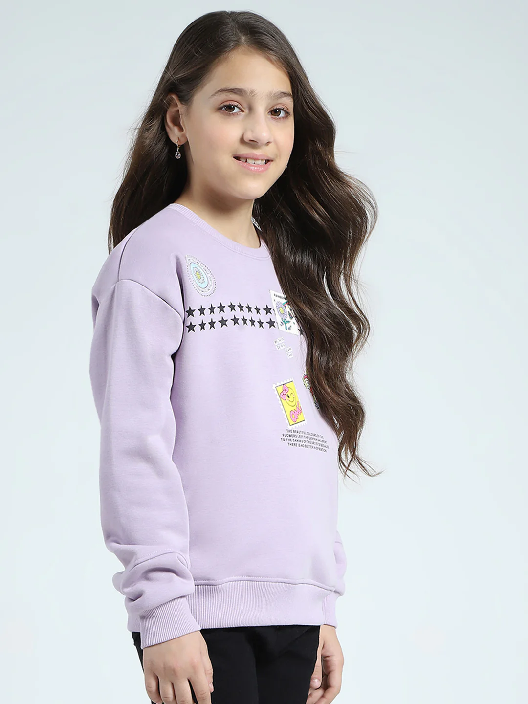 Girls Purple Printed Round Neck Full Sleeve Sweatshirt - Image 4