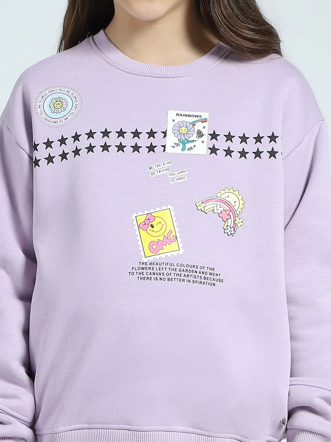 Girls Purple Printed Round Neck Full Sleeve Sweatshirt - Image 6