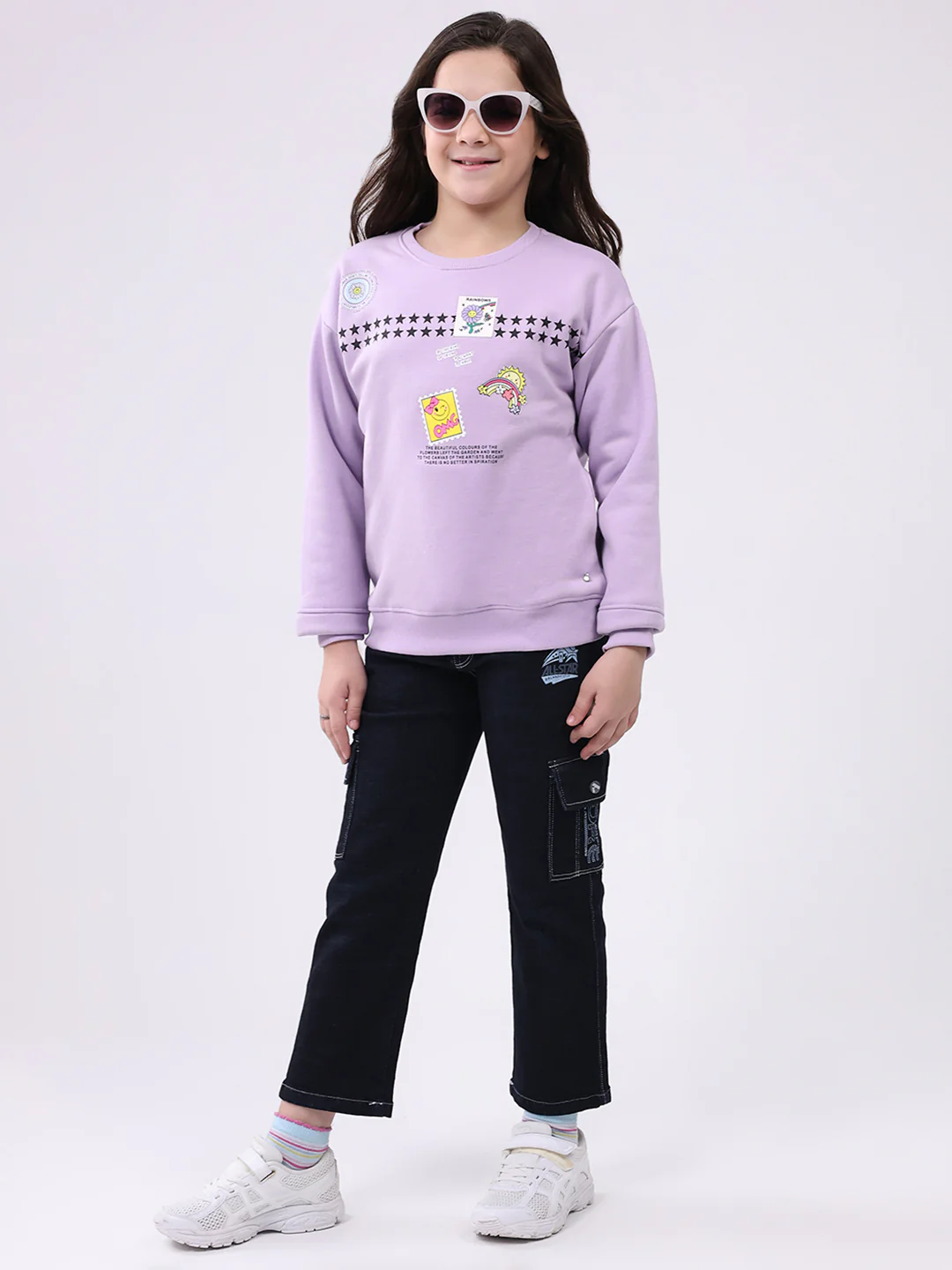 Girls Purple Printed Round Neck Full Sleeve Sweatshirt - Image 2