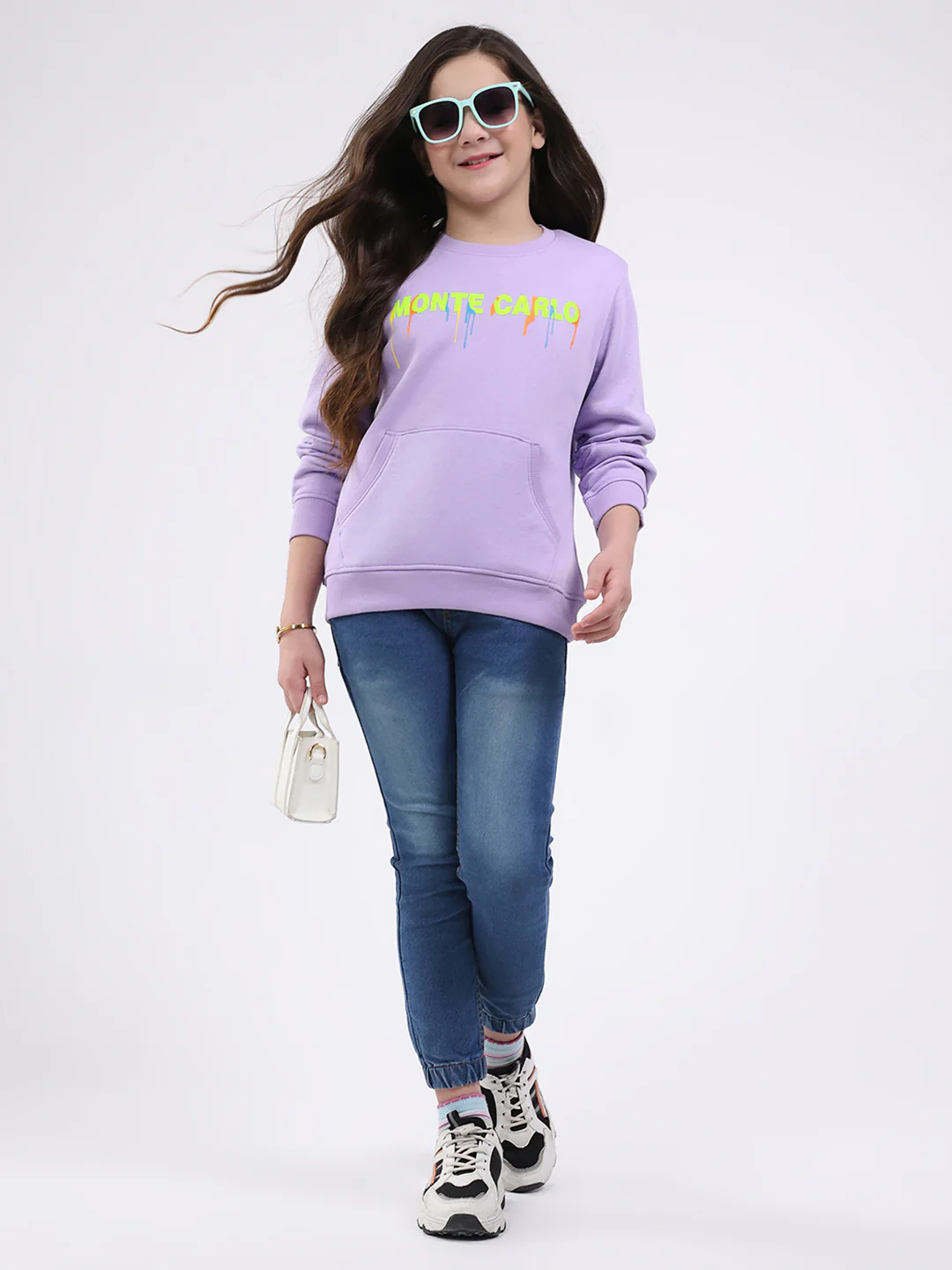 Girls Purple Printed Round Neck Full Sleeve Sweatshirt - Image 2