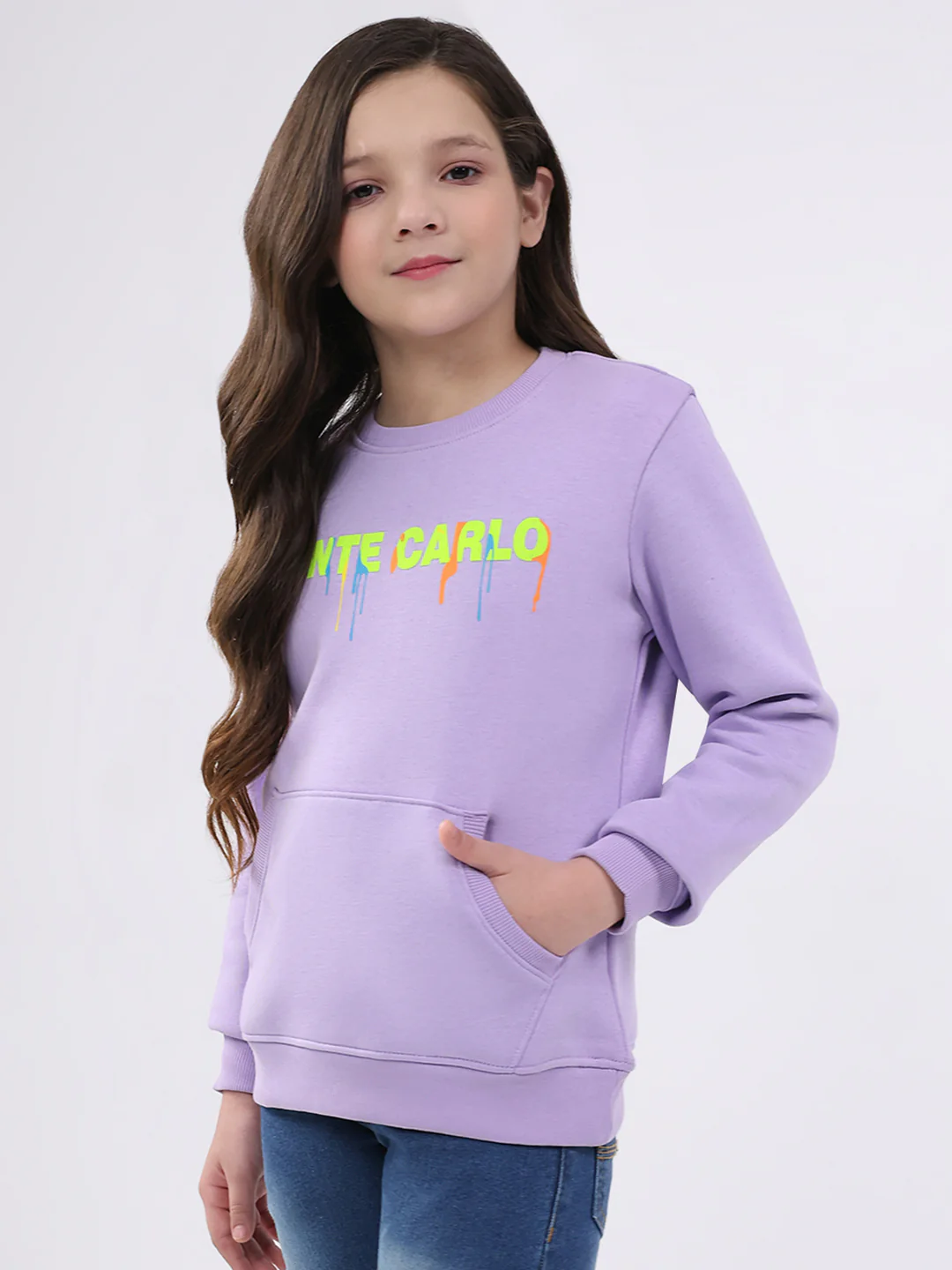 Girls Purple Printed Round Neck Full Sleeve Sweatshirt - Image 3