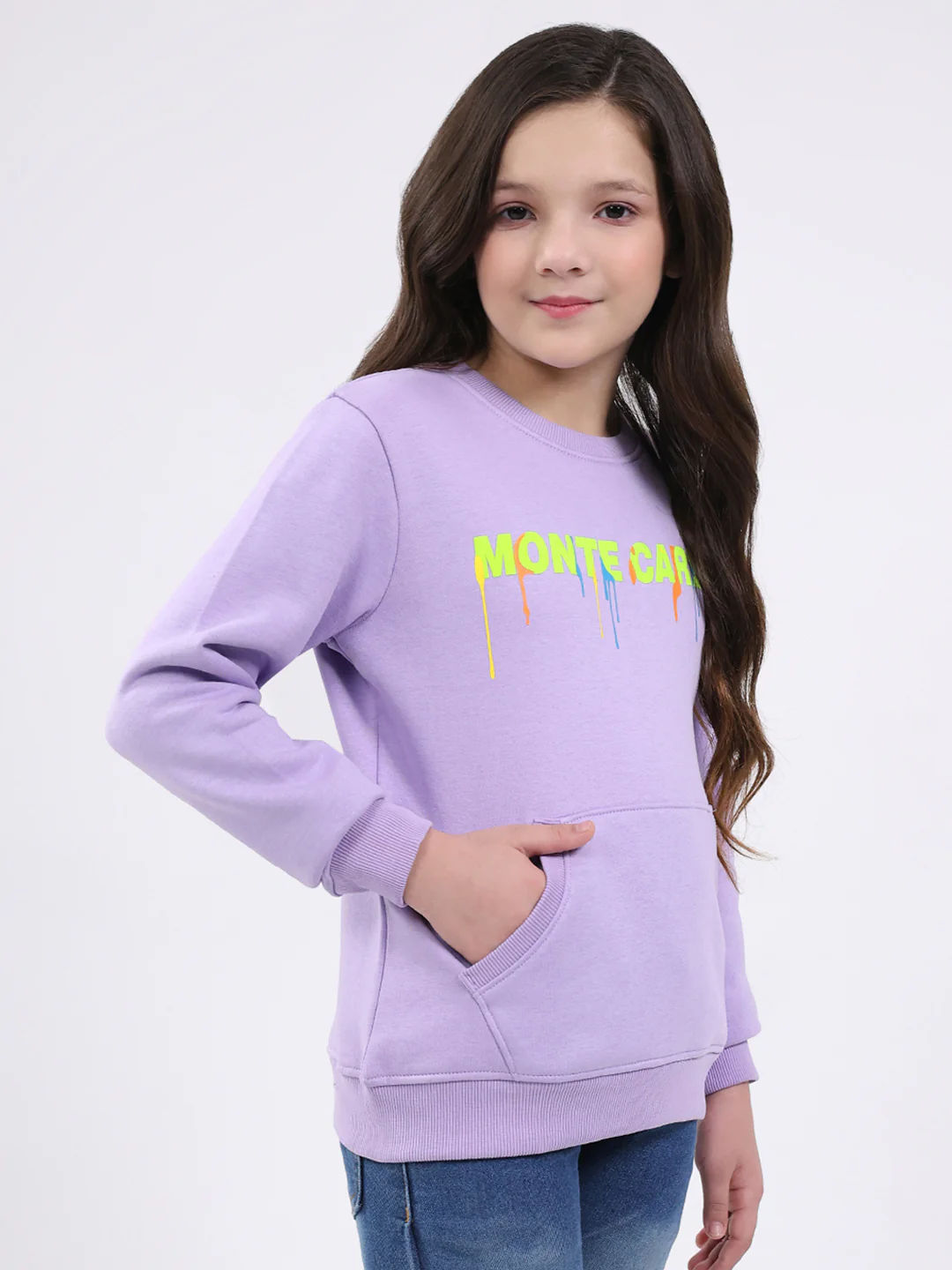 Girls Purple Printed Round Neck Full Sleeve Sweatshirt - Image 4