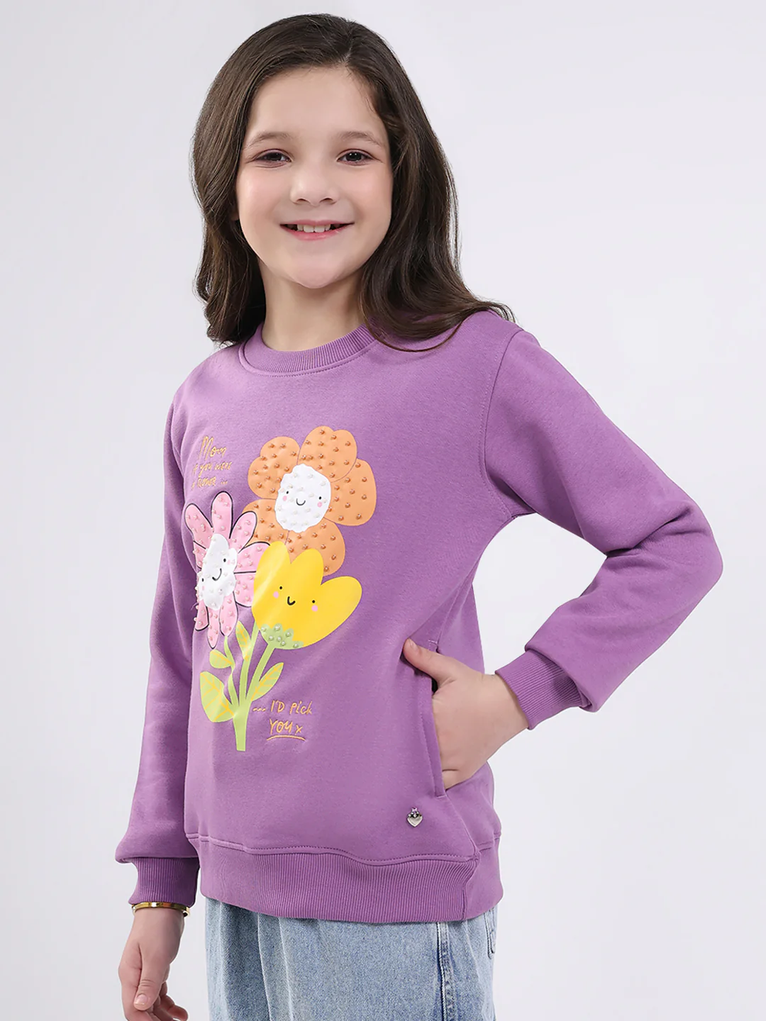 Girls Purple Printed Round Neck Full Sleeve Sweatshirt - Image 3