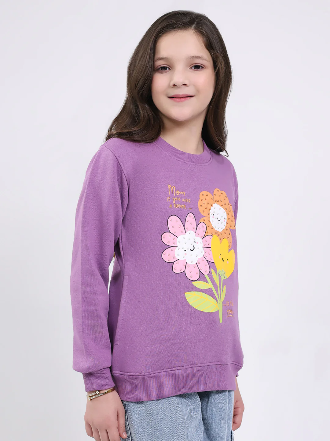 Girls Purple Printed Round Neck Full Sleeve Sweatshirt - Image 4