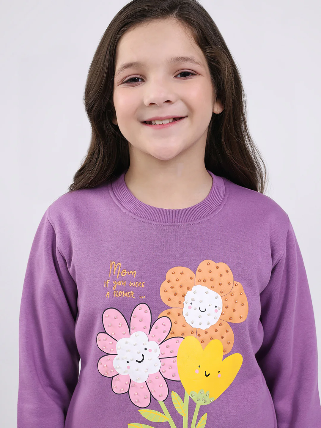Girls Purple Printed Round Neck Full Sleeve Sweatshirt - Image 7