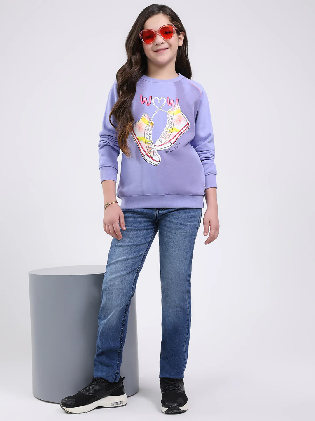 Girls Purple Printed Round Neck Full Sleeve Sweatshirt - Image 2
