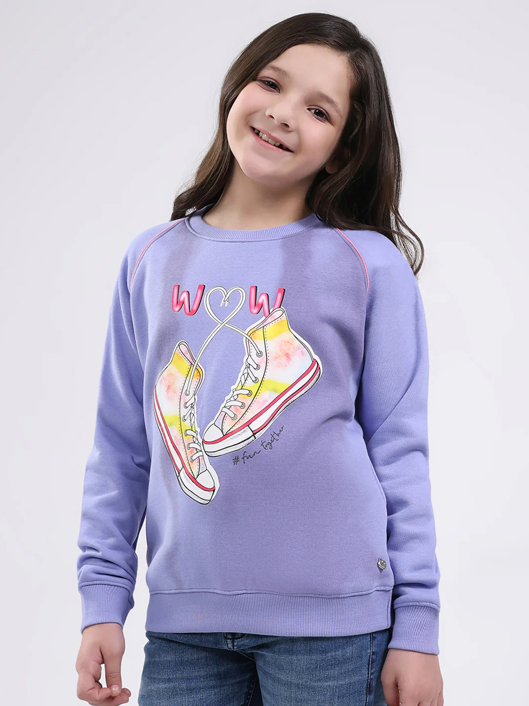 Girls Purple Printed Round Neck Full Sleeve Sweatshirt - Image 3