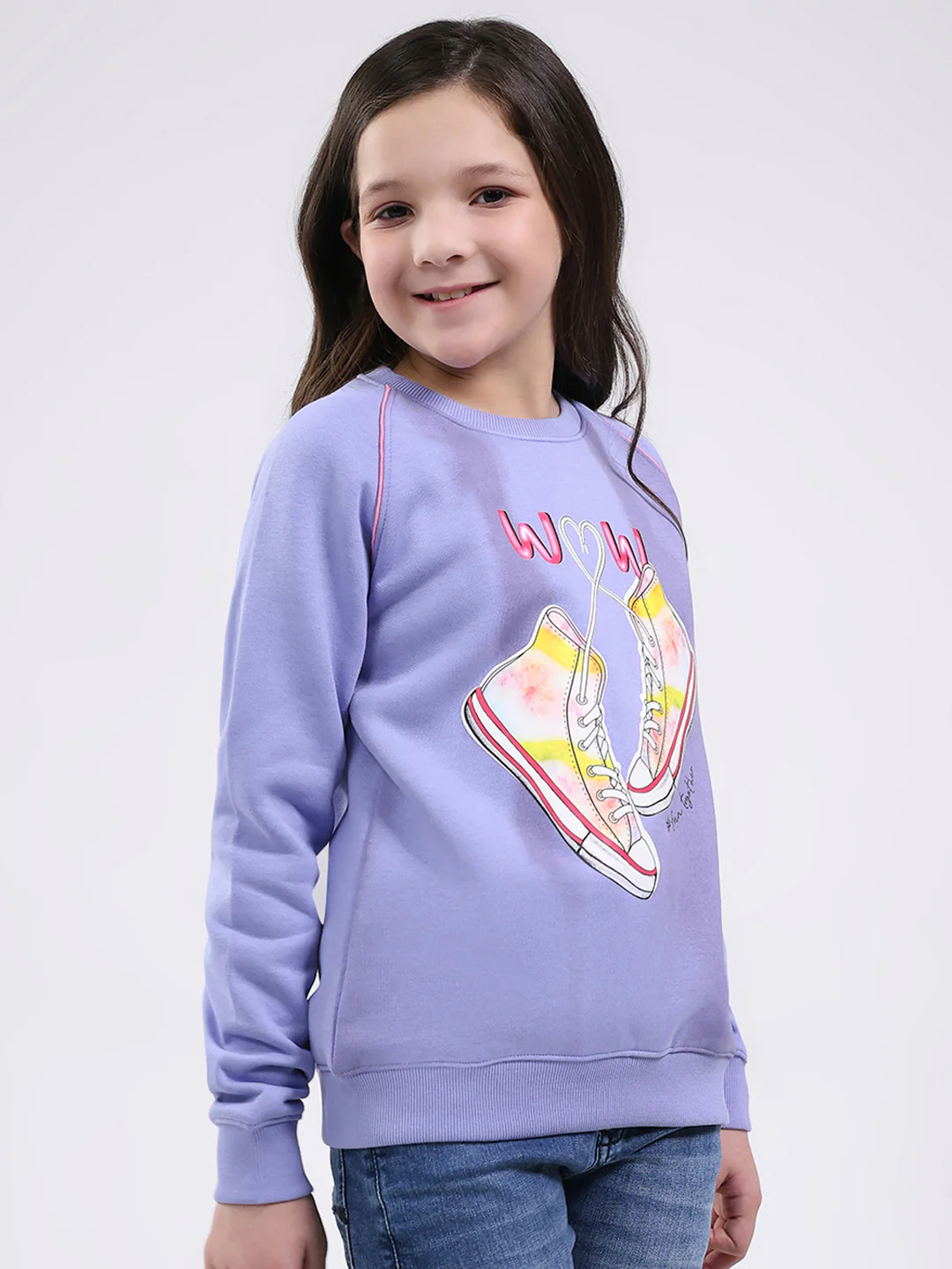 Girls Purple Printed Round Neck Full Sleeve Sweatshirt - Image 4