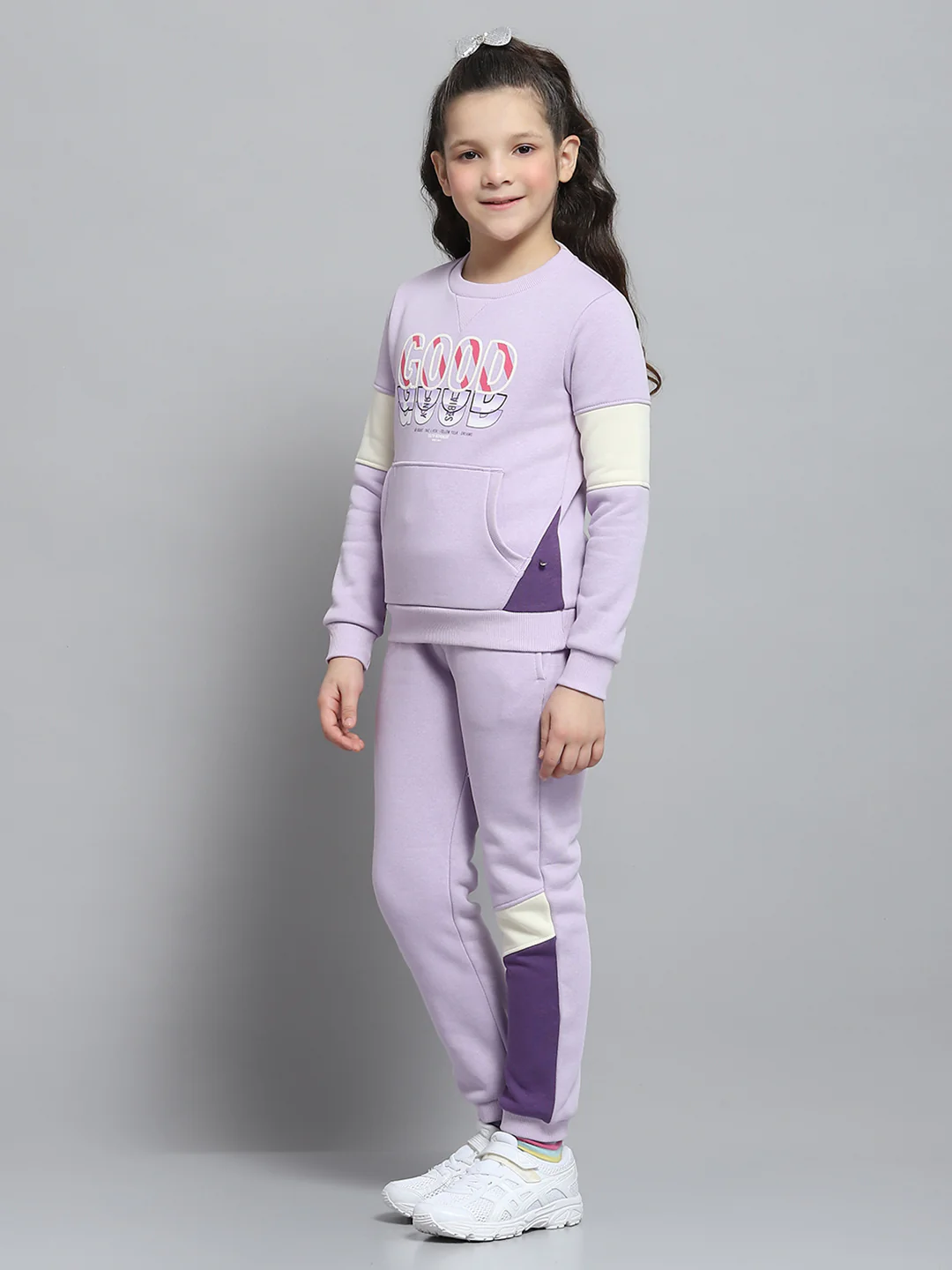 Girls Purple Printed Round Neck Full Sleeve Tracksuit - Image 3
