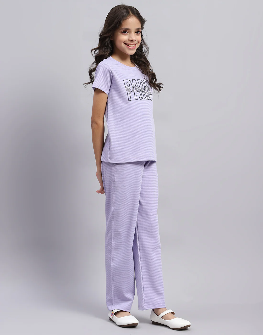 Girls Purple Printed Round Neck Half Sleeve Cords Set - Image 5