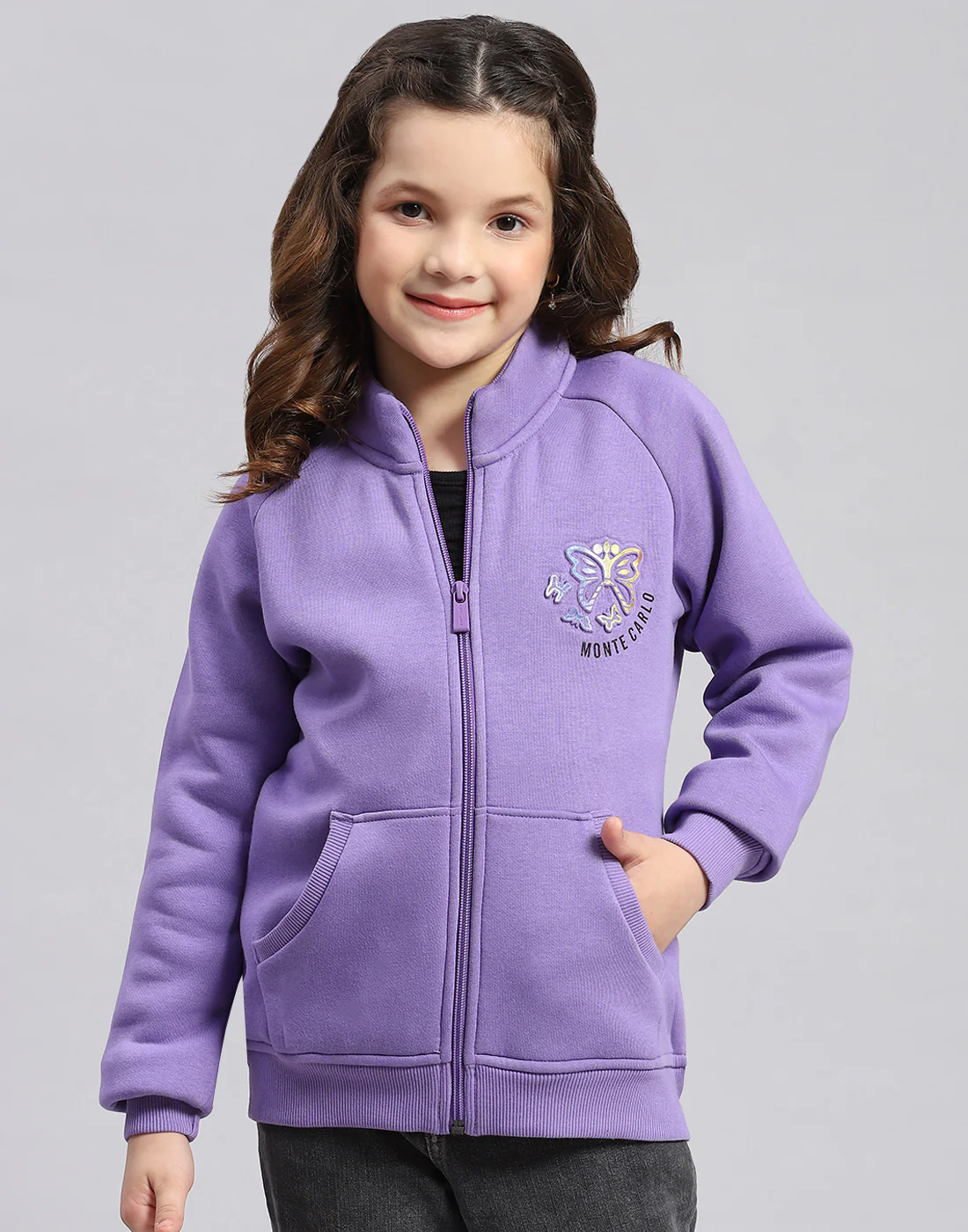 Girls Purple Printed Stand Collar Full Sleeve Sweatshirt - Image 3