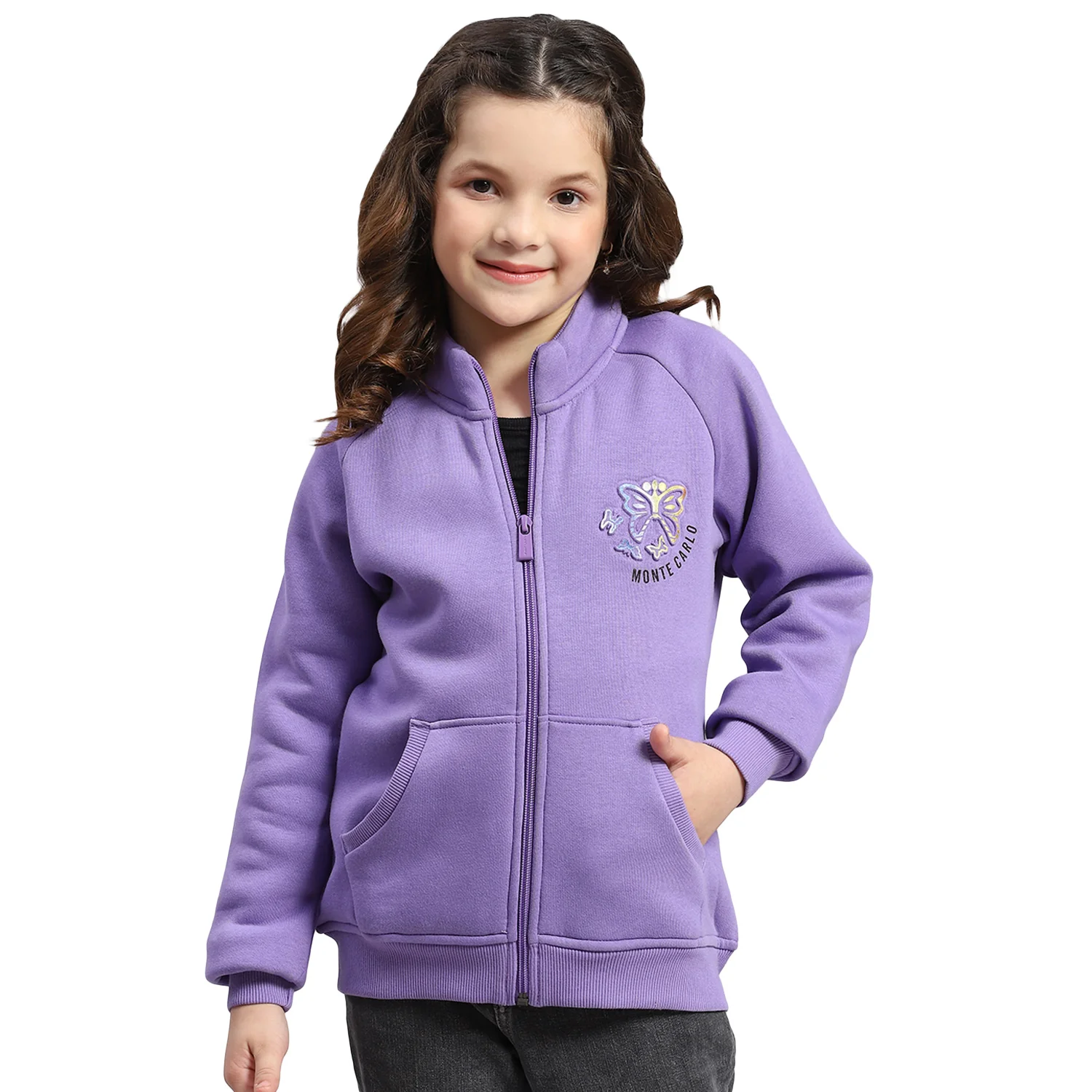 Girls Purple Printed Stand Collar Full Sleeve Sweatshirt - Image 5