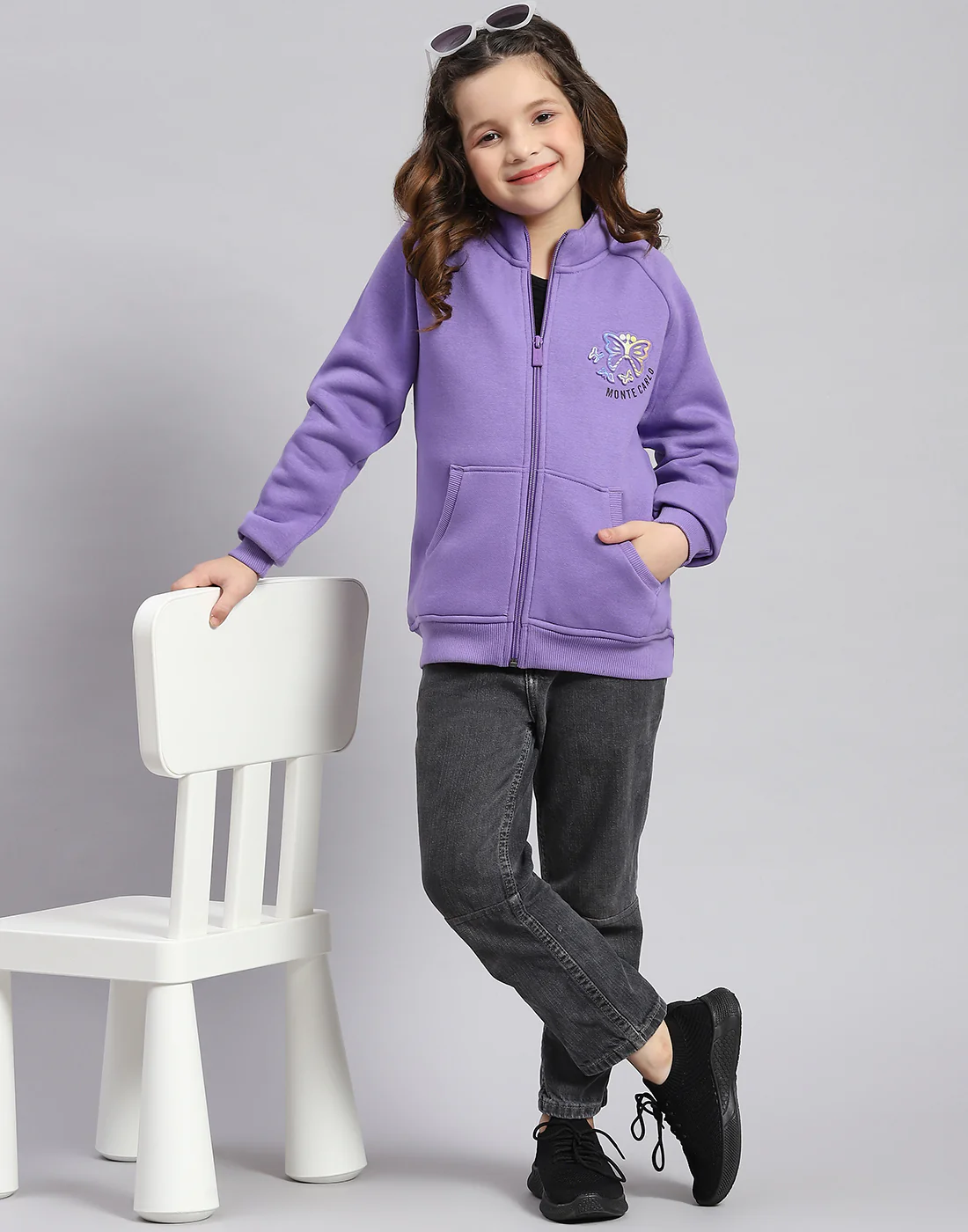 Girls Purple Printed Stand Collar Full Sleeve Sweatshirt - Image 7