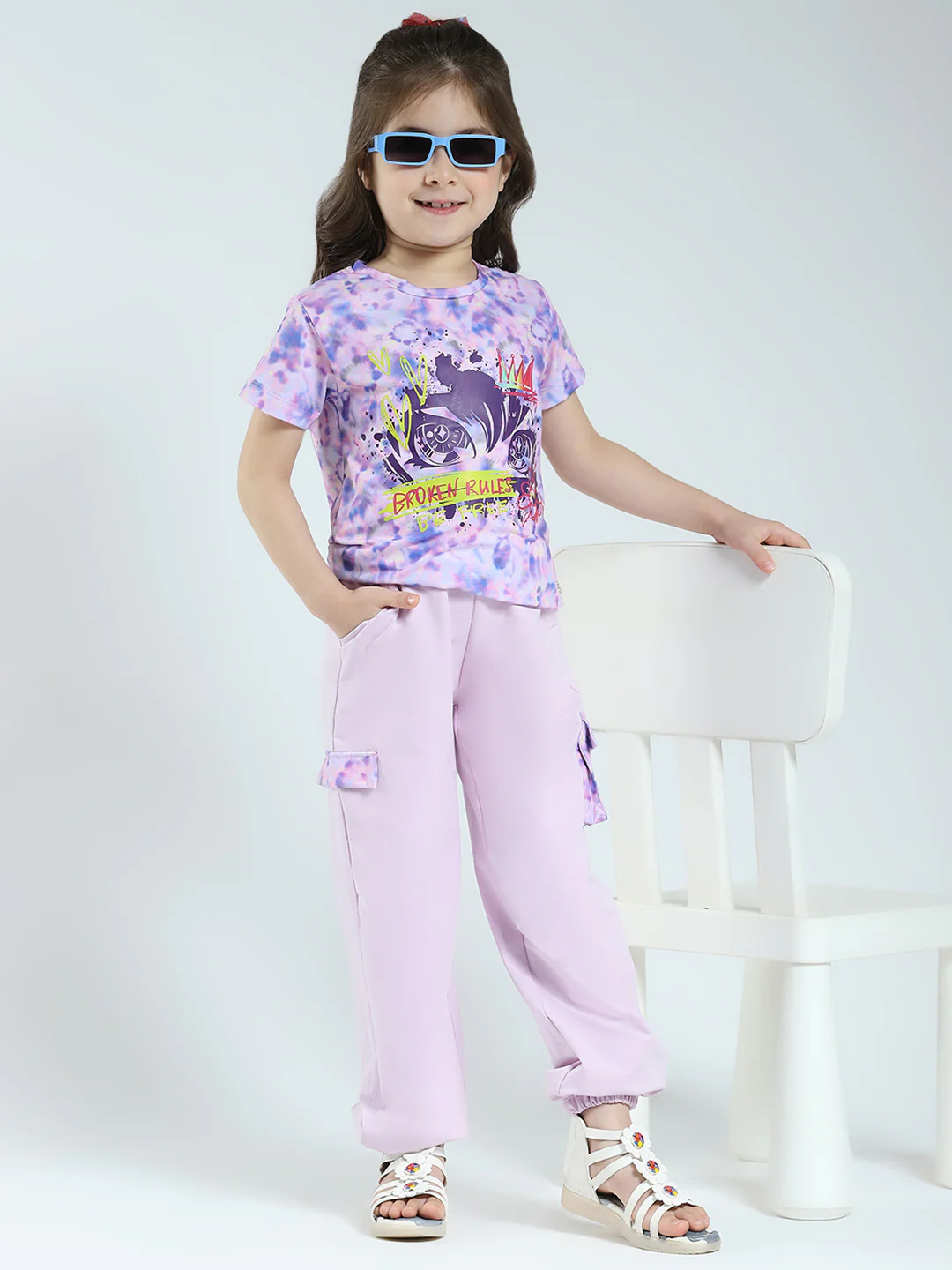 Girls Purple Printed Round Neck Half Sleeve Lower Set - Image 2