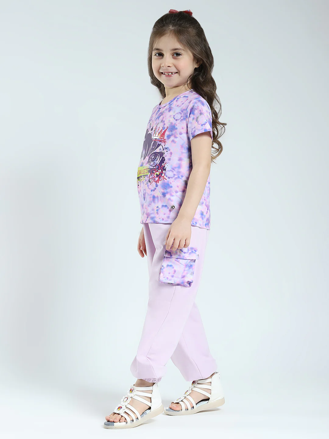 Girls Purple Printed Round Neck Half Sleeve Lower Set - Image 3