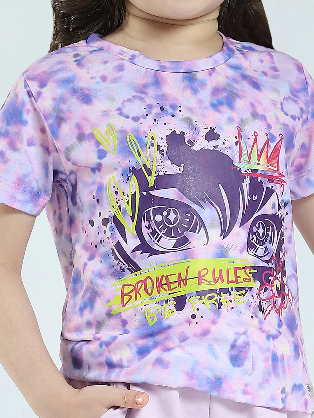 Girls Purple Printed Round Neck Half Sleeve Lower Set - Image 7