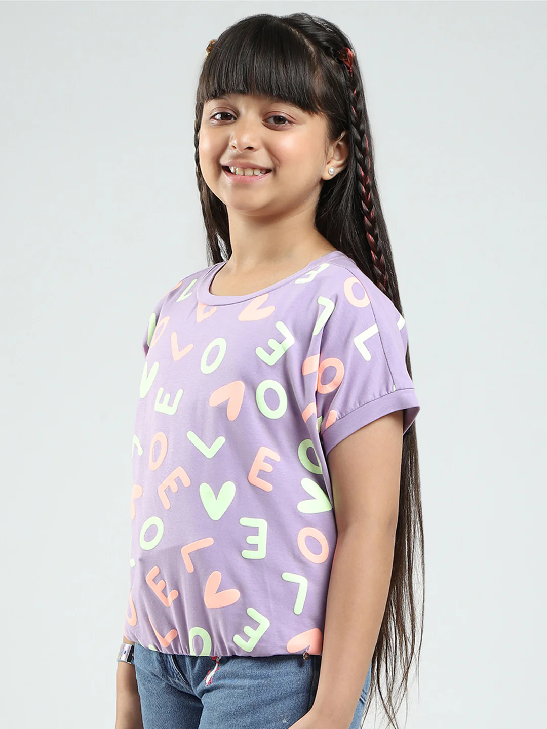 Girls Purple Printed Round Neck Half Sleeve Top - Image 3