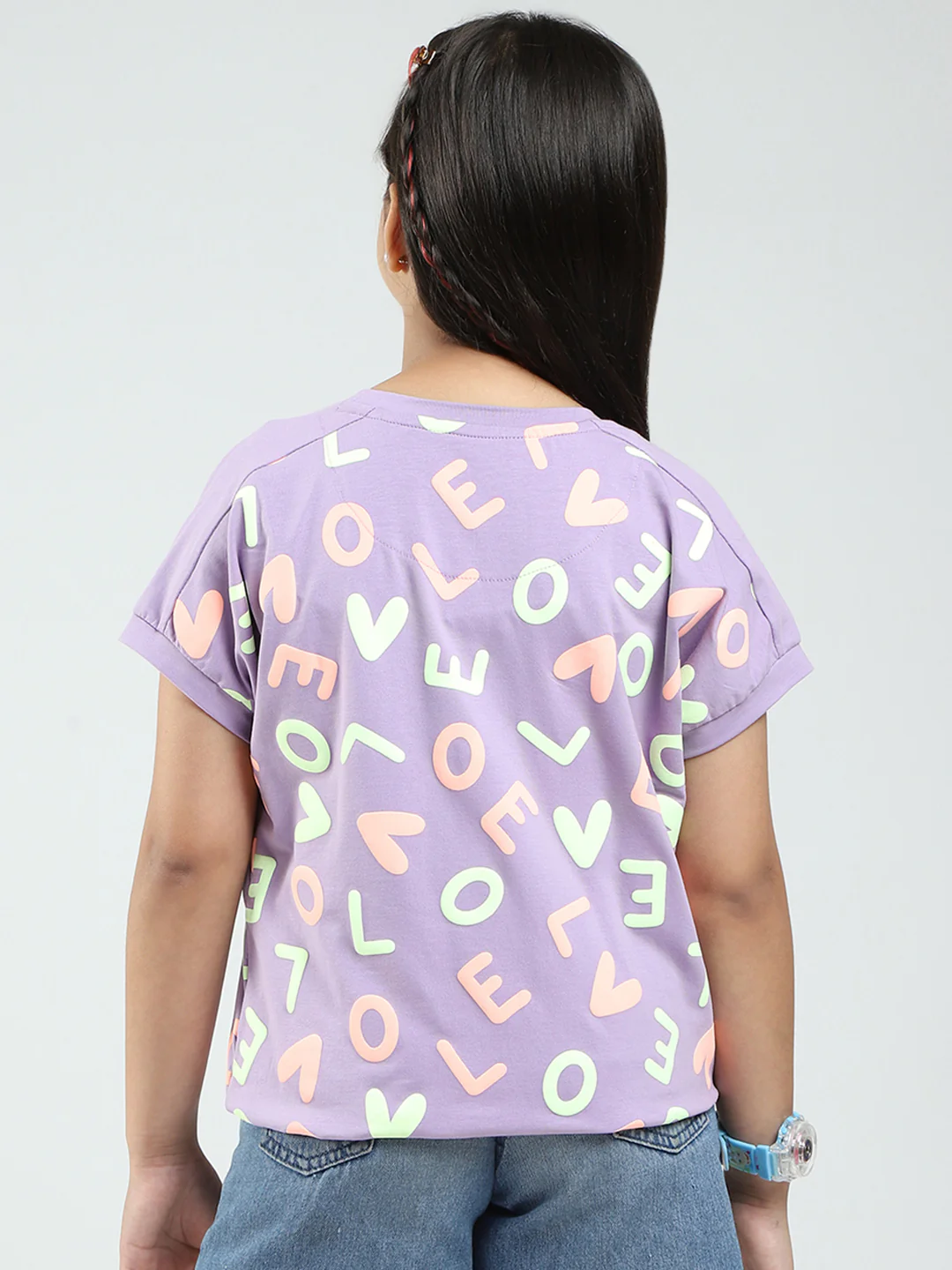 Girls Purple Printed Round Neck Half Sleeve Top - Image 5