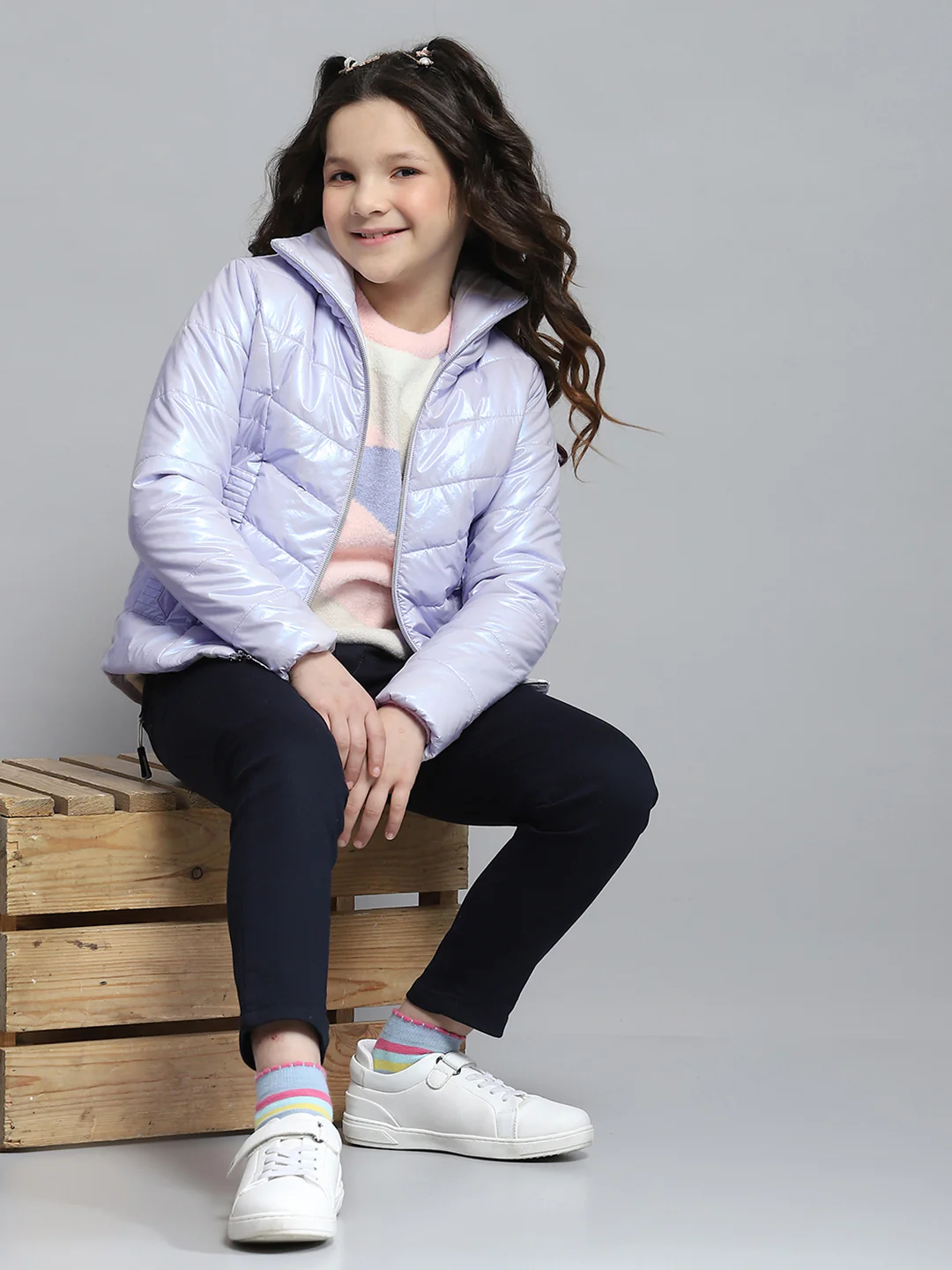 Girls Purple Self Design Collar Full Sleeve Jacket - Image 2