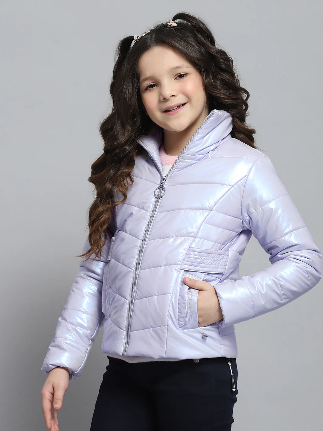Girls Purple Self Design Collar Full Sleeve Jacket - Image 3