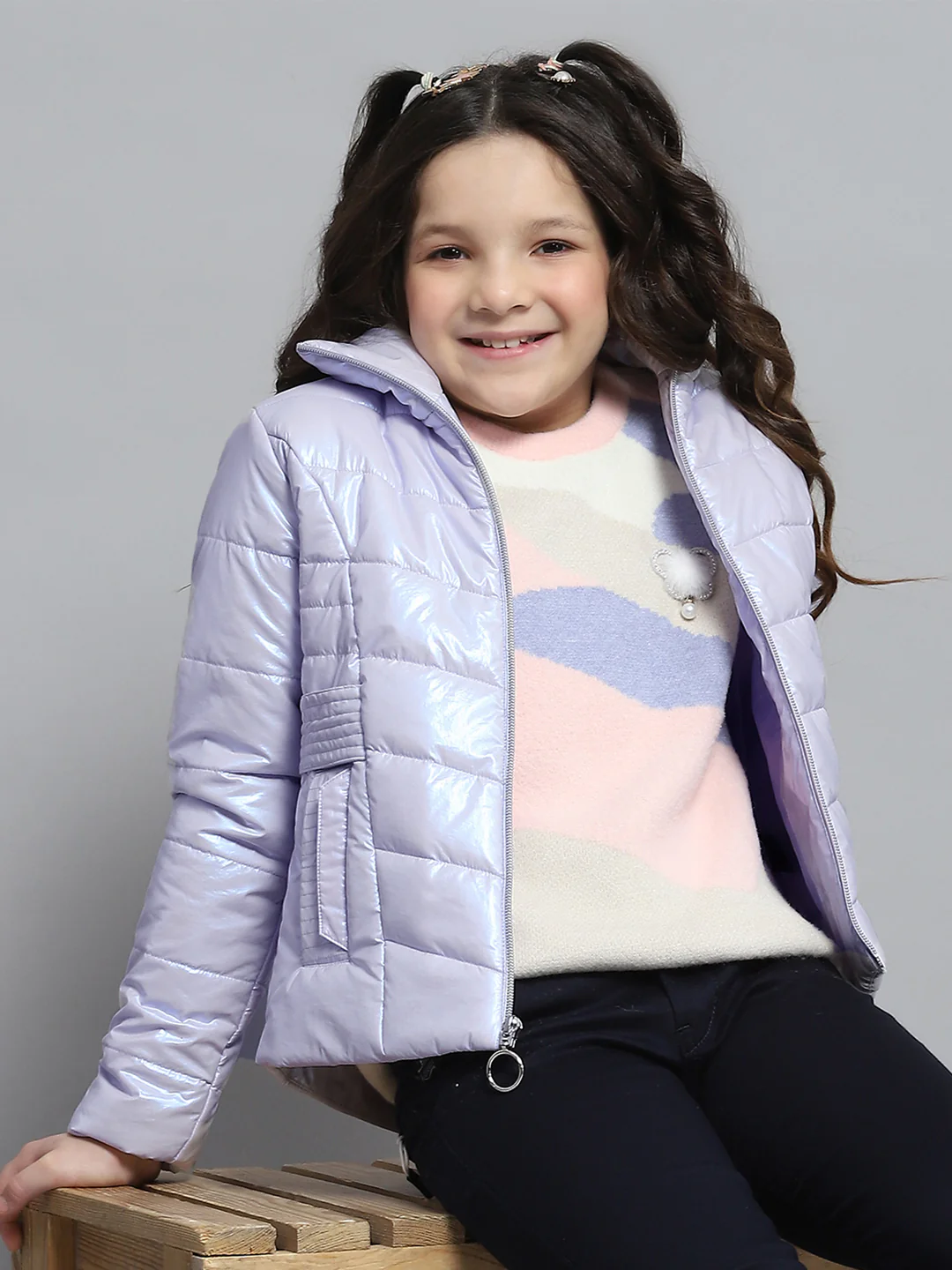 Girls Purple Self Design Collar Full Sleeve Jacket - Image 6
