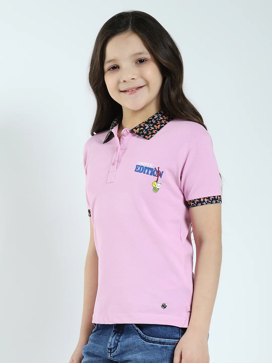 Girls Purple Solid Collar Half Sleeve T-Shirt - Image 3