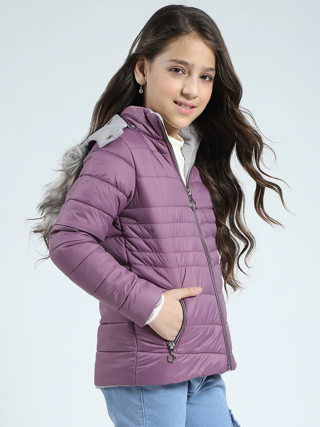 Girls Purple Solid Detachable Hood Full Sleeve Jacket - Image 4