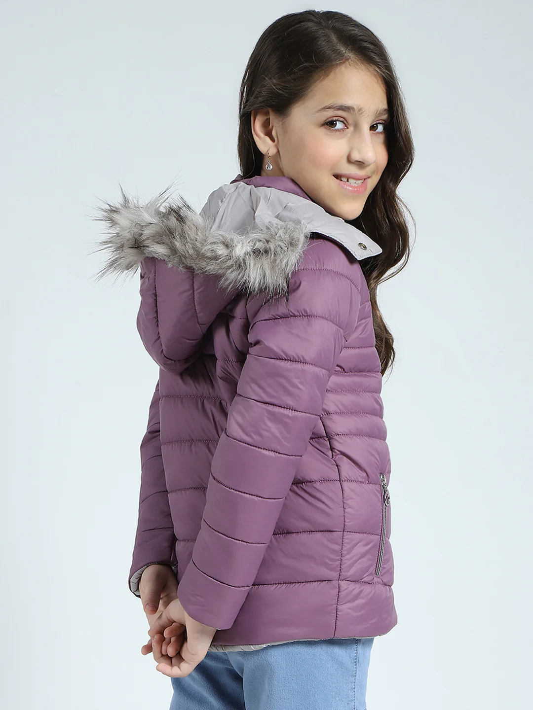 Girls Purple Solid Detachable Hood Full Sleeve Jacket - Image 5