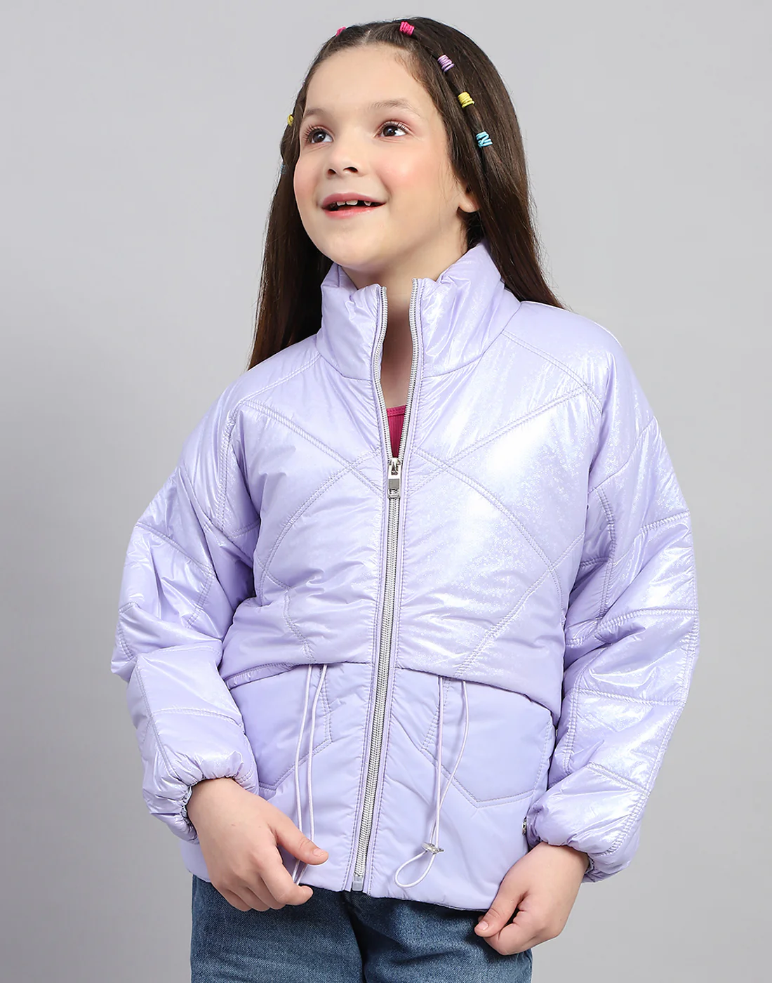 Girls Purple Solid High Neck Full Sleeve Jacket - Image 2