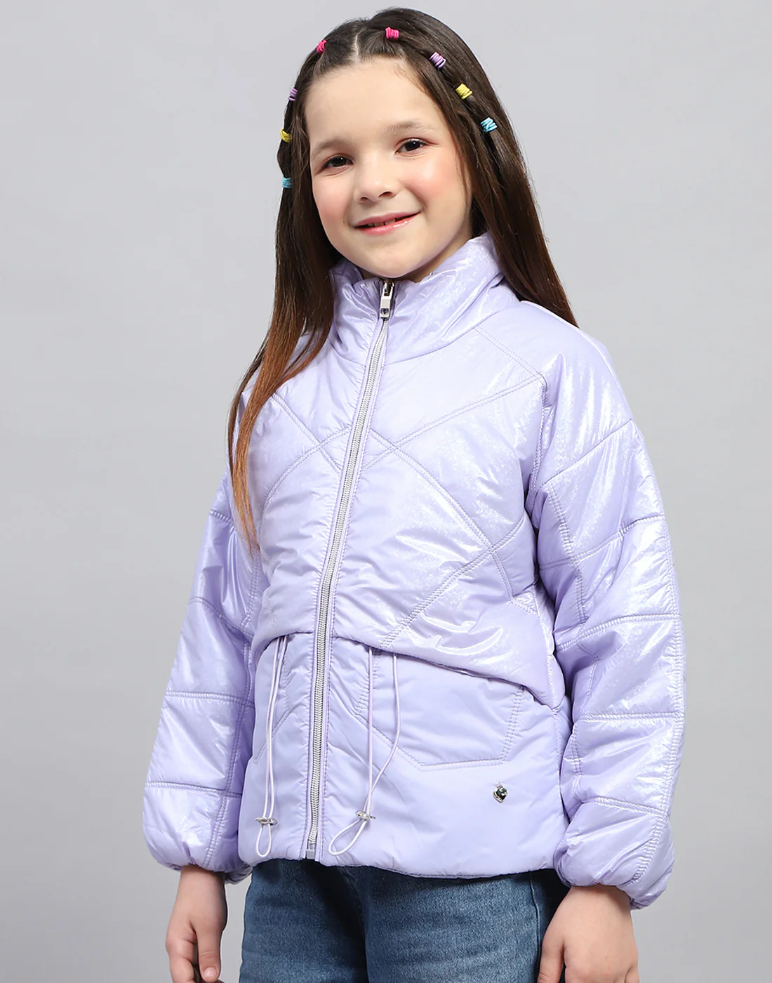 Girls Purple Solid High Neck Full Sleeve Jacket - Image 3