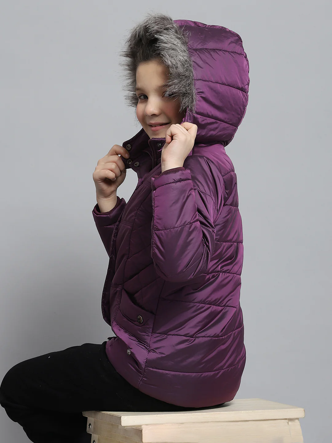 Girls Purple Solid Hooded Full Sleeve Jacket - Image 6