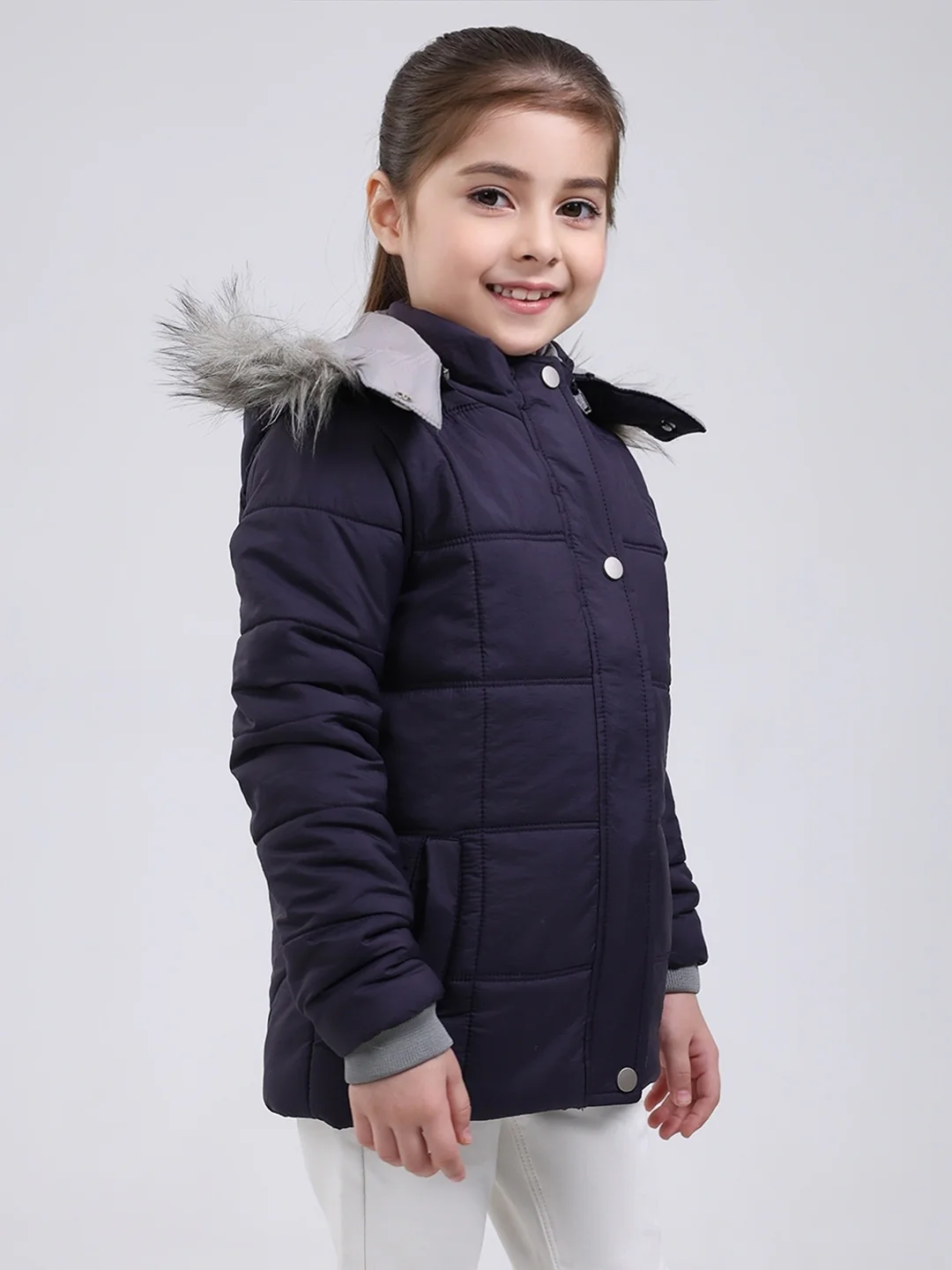 Girls Purple Solid Hooded Full Sleeve Jacket - Image 3