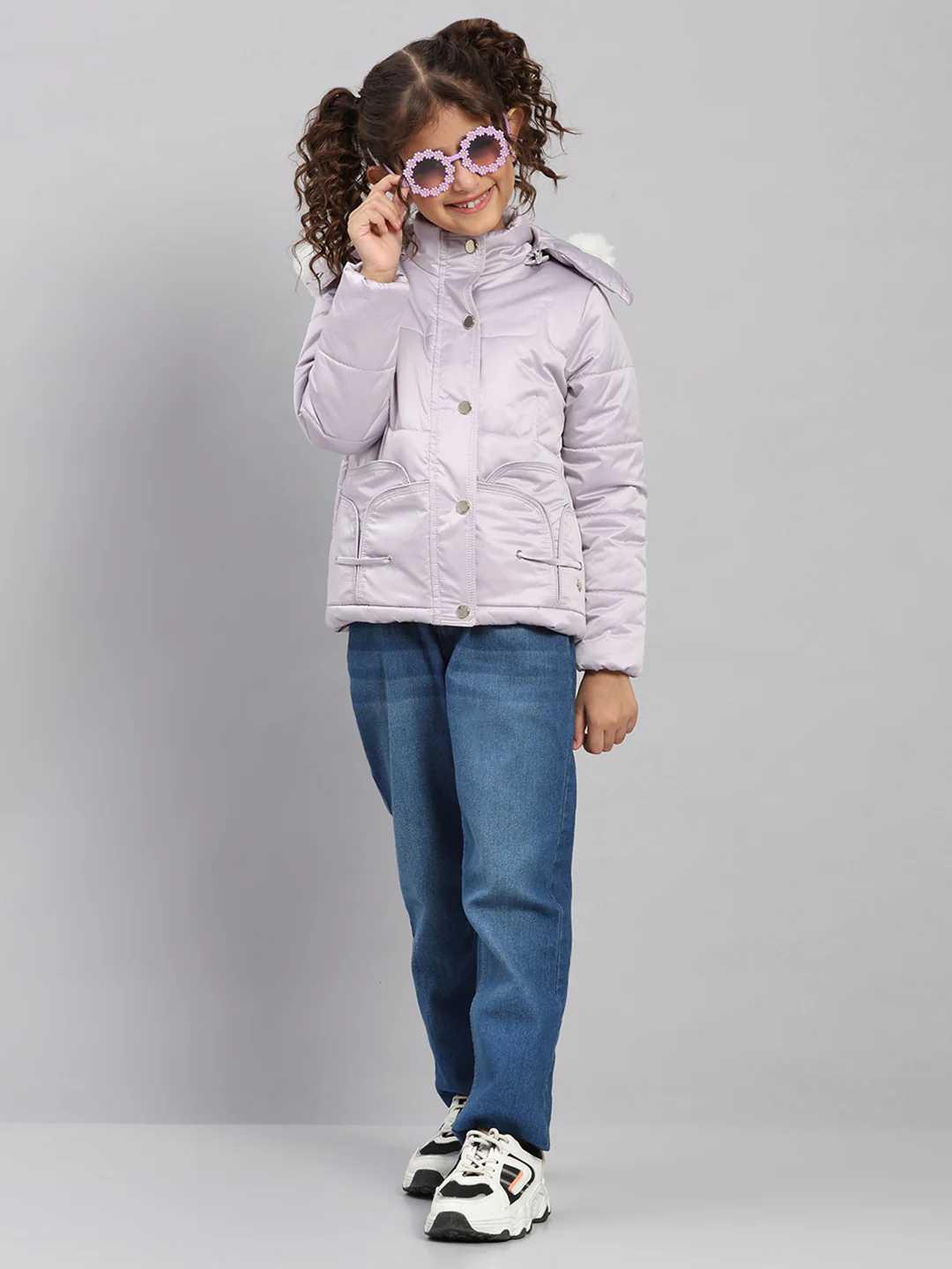 Girls Purple Solid Hooded Full Sleeve Jacket - Image 2